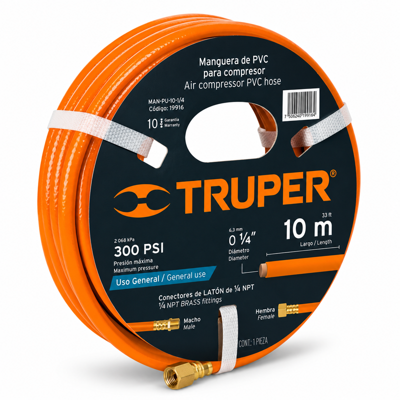 Manguera para Compresor 10 m 1/4" 300 PSI Truper ECOS